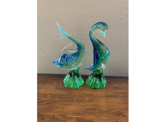 Murano? Art Glass Blue And Green Fish And Duck