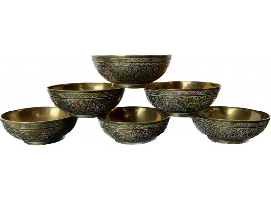 Set Of 6 Etched Brass Bowls