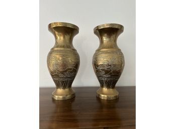 Pair Of Tall Brass Vases With Etched Dragon Design