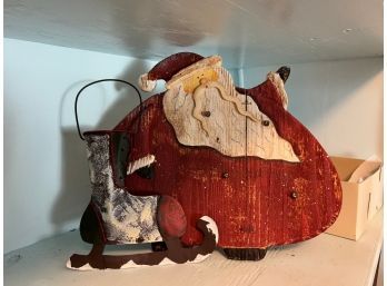 Wood Santa And Metal Ice Skate Christmas Decor