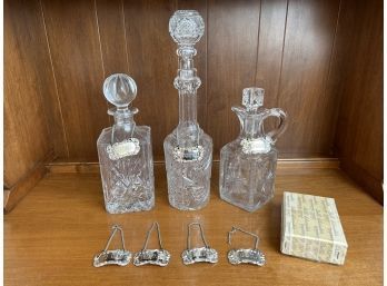 Crystal / Cut Glass Decanters With Box Of Delli Silver Plate Tags