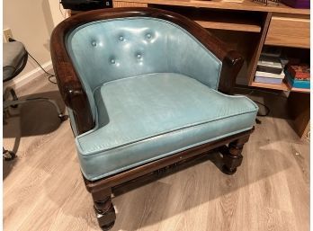 Vintage Ethan Allen Blue Chair With Dark Stained Wood