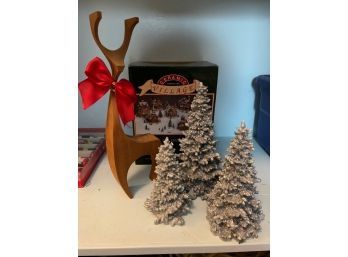 Christmas Decor - Vintage Wood Reindeer, Dept 56 Trees, And Ceramic Victorian House