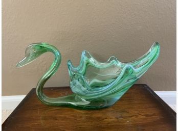 Large Murano Style Art Glass Swan Green Swirl