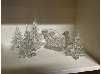 Clear Glass Christmas Trees And Sleigh Christmas Decor