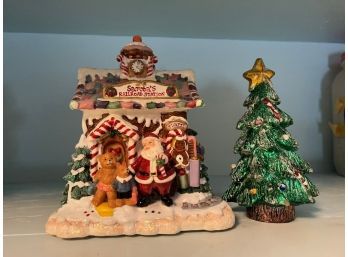 Fitz And Floyd Santa Railroad Station Music Box And Christmas Tree Candle