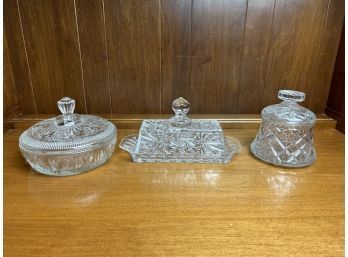 Crystal Butter Dish And 2 Lidded Cut Glass Dishes