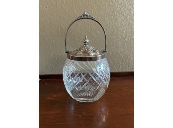 Cut Glass Biscuit Barrel With Embossed Silver Plate Lid C. 1890