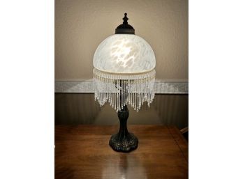 Victorian Boudoir Replica Table Lamp With Glass Shade And Beaded Fringe