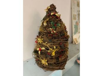Twig Christmas Tree With Gold Toned Flowers And Faux Red Berries