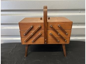 Vintage Wooden Accordion Style Cantilever Fold Out Sewing Box