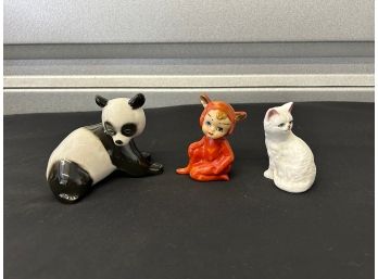 Figurines - Panda Made In USSR, Pixie Elf, And Lefton Cat