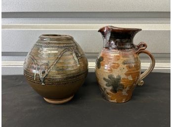 Pottery Vase And Signed Pitcher
