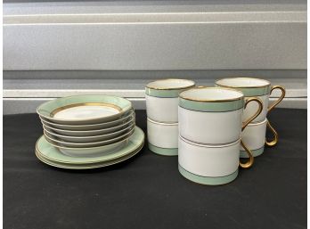 Fits And Floyd Renaissance Mint Green Flat Cup And Saucer Sets With Bread And Butter Plates