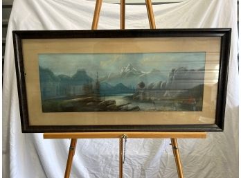 Framed Pastel Art Of The Mountains, River And Camp With Teepee