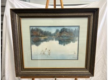 Calm Lake Watercolor Painting Signed H. Hickey