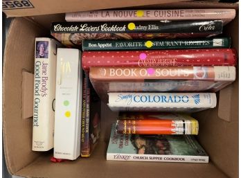 A Box Of Cookbooks - Book Of Soups, Chocolate Lovers, Simply Colorado And More