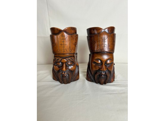 Vintage Hand Carved Wood Chinese Figure Bookends