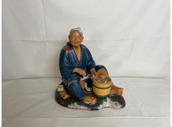 Asian Man Oyster Shucker Figure Collecting Pearls