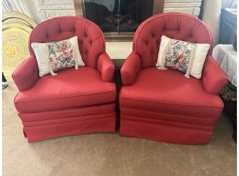 Pair Of Red Tufted Back Arm Chairs