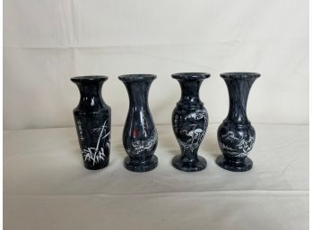 Set Of Four Onyx Marble Etched Bud Vases