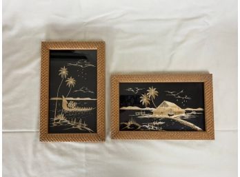 Pair Of Framed Pieces Of Asian Straw Art On Black Felt