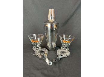 Metal Shaker With 2 Strainers And Kahlua Stemless Martini Glasses