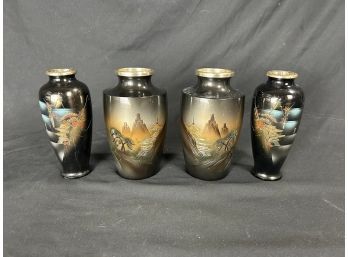 Two Pairs Of Vintage Japanese Mixed Metals Etched Vases