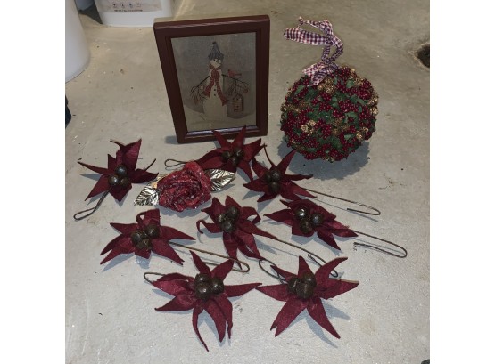 Christmas Decor Flowers With Bells, Snowman Picture, And More