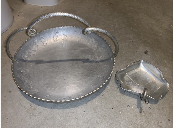 Hand Wrought Aluminum Leaf Dish And Handled Platter