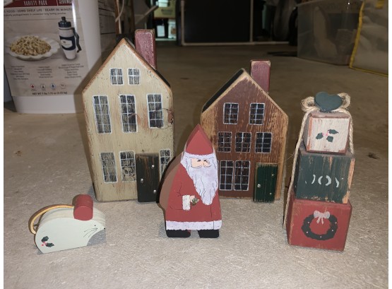 Blocky Wood Christmas Decor Houses, Santa, Mouse, And Presents