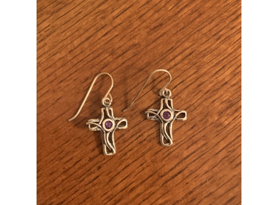 925 Israel Lilac Sterling Silver Cross Earrings