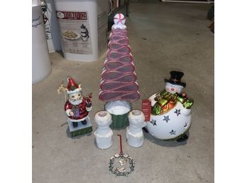 Christmas Decor Including Angel Candle Holders, Snowman, Candy Tree And More