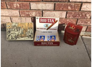 2 Tins, 1 Cigar Box, And Collectible Stamps