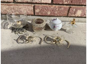 Assortment Of Vintage Items Including Candle Holders, Perfume Bottle, And More