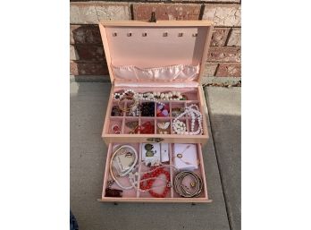 Peach Colored Jewelry Box Full Of Jewelry