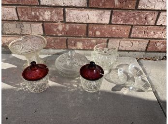 Assortment Of Glass Including Ruby Red Sugar Bowl Lids