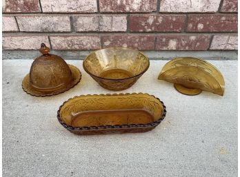 Amber Glass Bowl, Butter Dish, Napkin Holder, And Small Tray