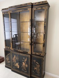 Drexel Chinoiserie Black Lacquered And Gold Lighted Display Cabinet