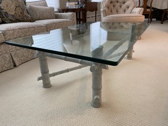 Mid-century Glass Coffee Table W/Bamboo Style Base