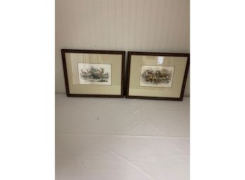 Pair Of Vintage Prints In Burl Frames