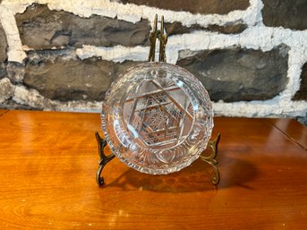 Vintage Anchor Hocking Glass Bowl With Handle Stars And Bars Pattern Lead Crystal