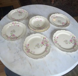 1940s Virginia Rose 6 Plates 1 Round Bowl 1 Oval Bowl Pink & White Flowers