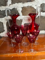 Antique Ruby Etched Crystal Wine Glasses Set Of 5 With A Rare Set Of 2 Vintage Ruby Red Art Glass Pitchers