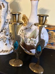 Brass Candle Holders With Blue Gem