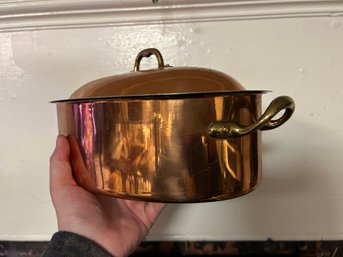 Vintage Copper Oval Cocotte With Lid & Bronze Handles