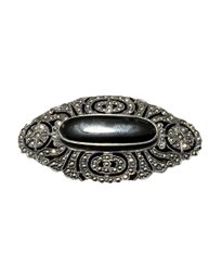 Vintage Art Deco Marcasite Onyx Sterling Silver Pin Brooch