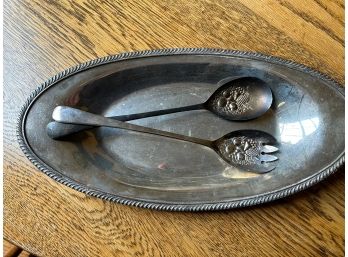 Silver Plated Decorative Serving Fork And Spoon And Serving Platter - Vintage - Patina - Fruit Design