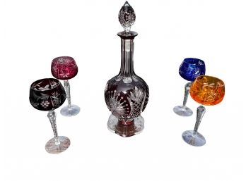 Rare Antique Crystal Cut Glass Decanter And 4 Multicolored Glasses