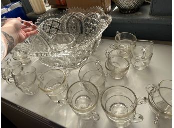 Crystal Punch Bowl, Ladle, And Assorted Cups